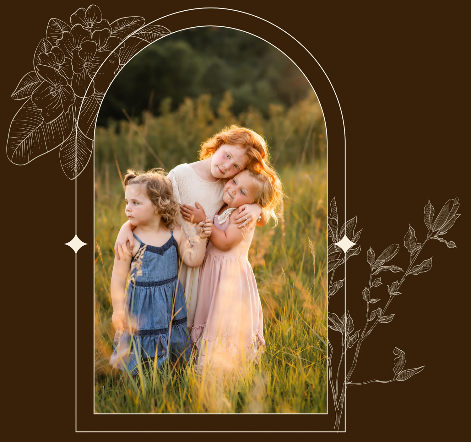 People standing in a tall grass field during golden hour, framed by a brown archway illustration with delicate floral details.