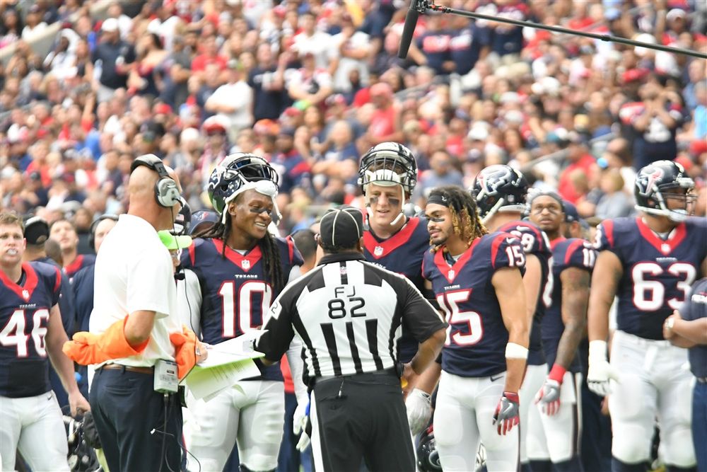 NFL officials and coaches discuss call during Houston Texans game.
