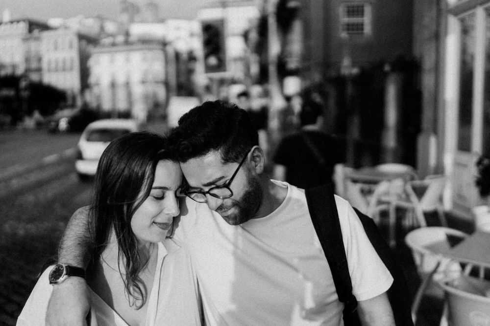 Natural light engagement portrait in Ribeira, shot in moody weather