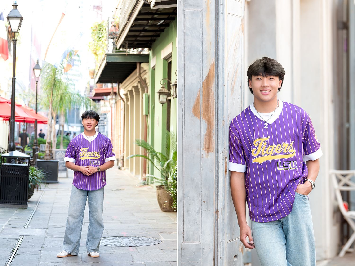 Young man in purple LSU Tigers baseball jersey posing on a colorful New Orleans street for senior photos.