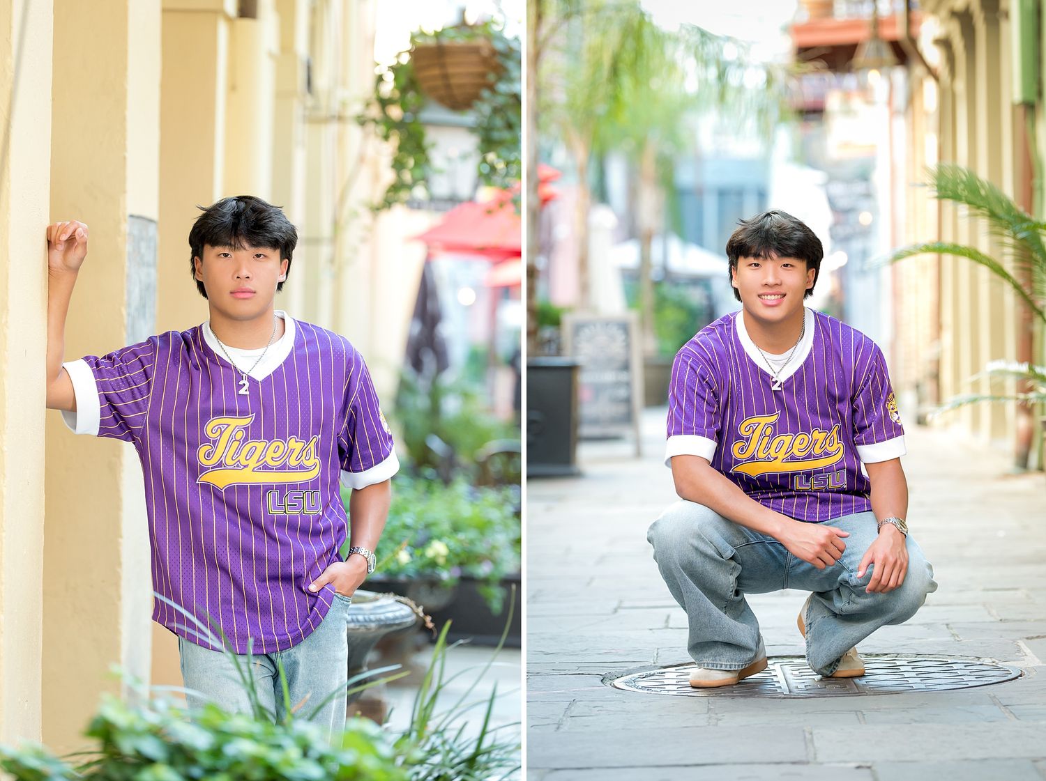Teen boy in purple Tigers baseball jersey poses in an urban alley setting for senior portraits.