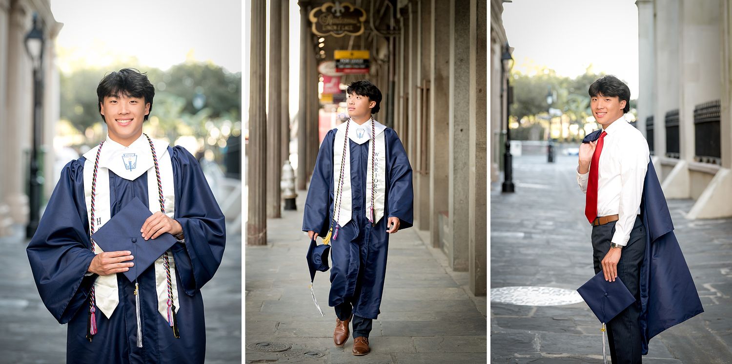 Young man in navy graduation gown and sash poses in multiple shots at columned outdoor venue.