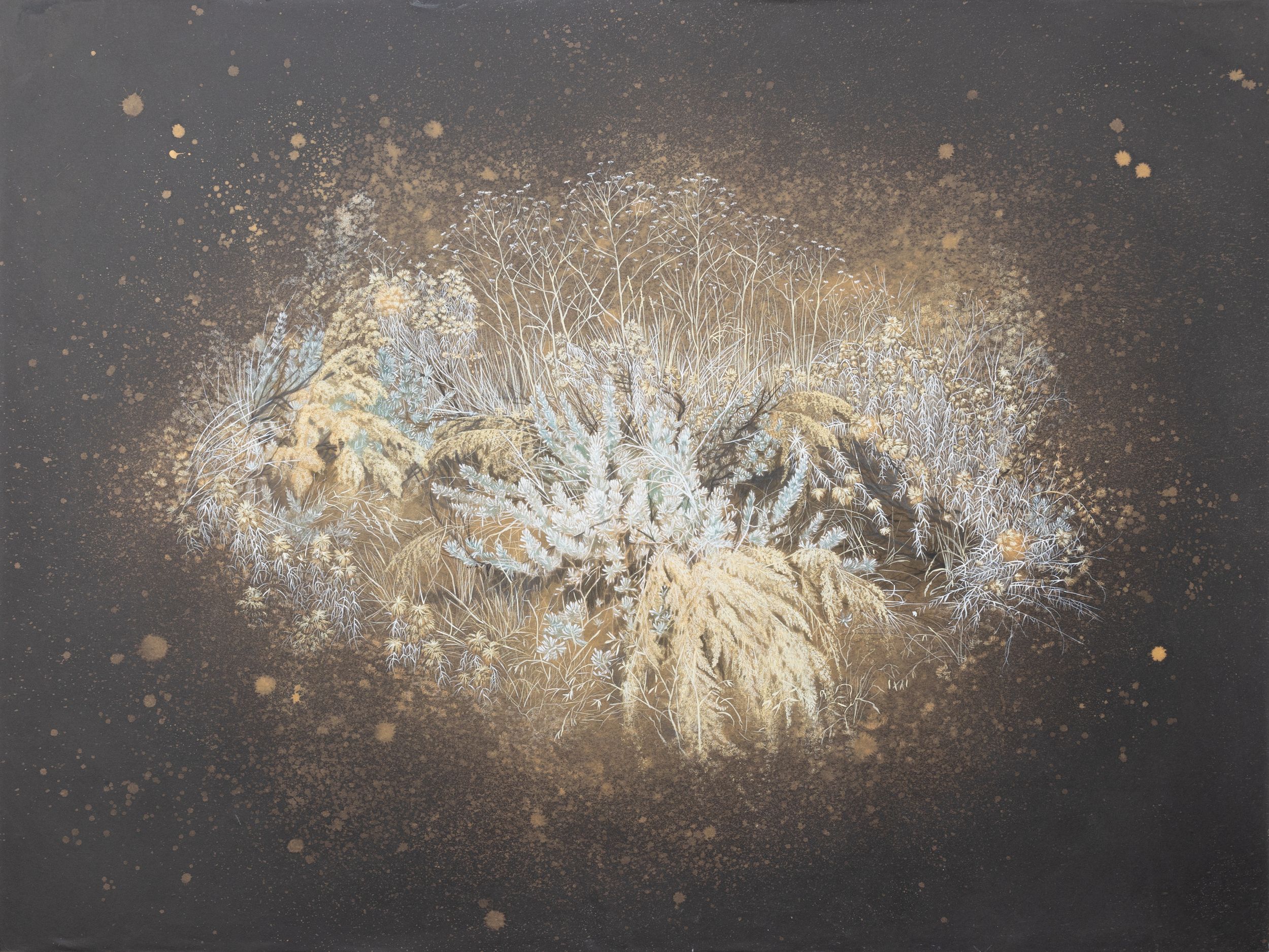 Dark background painting depicting a luminous burst of winter plants with gold and white tones.
