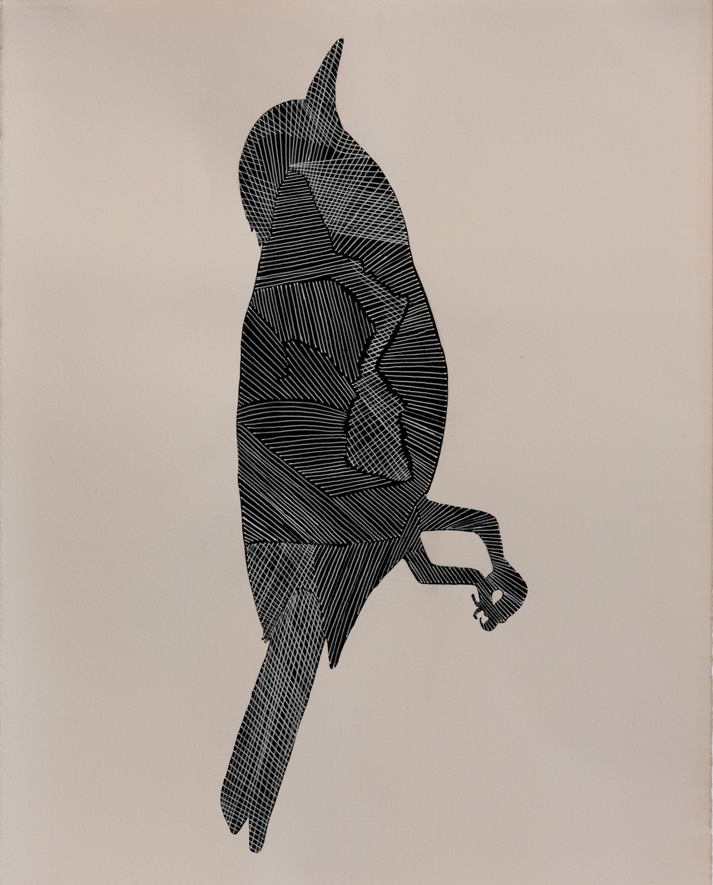 Black ink illustration of a perched bird created with geometric cross-hatching lines on a beige background.