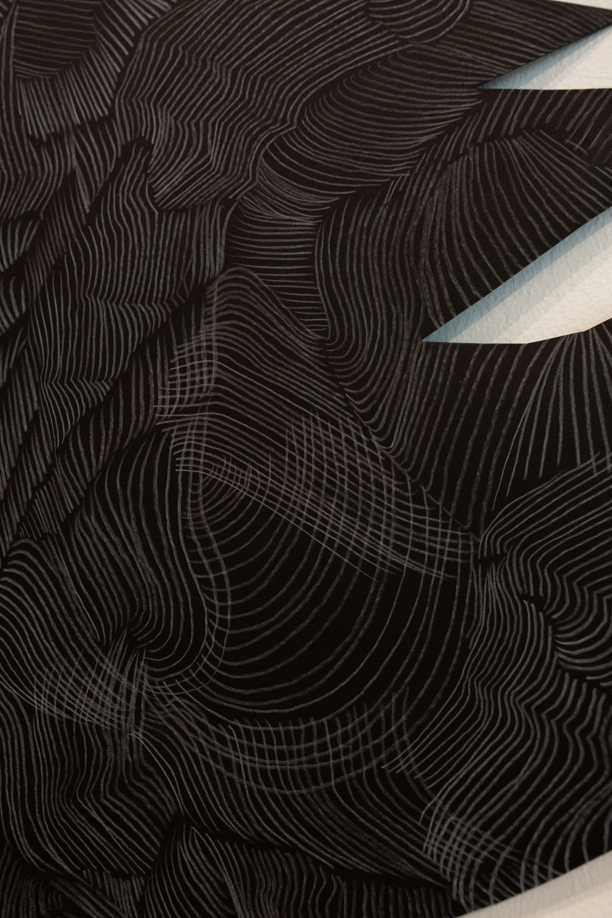 Close-up of intricate dark artwork featuring flowing wave-like line patterns on black surface.