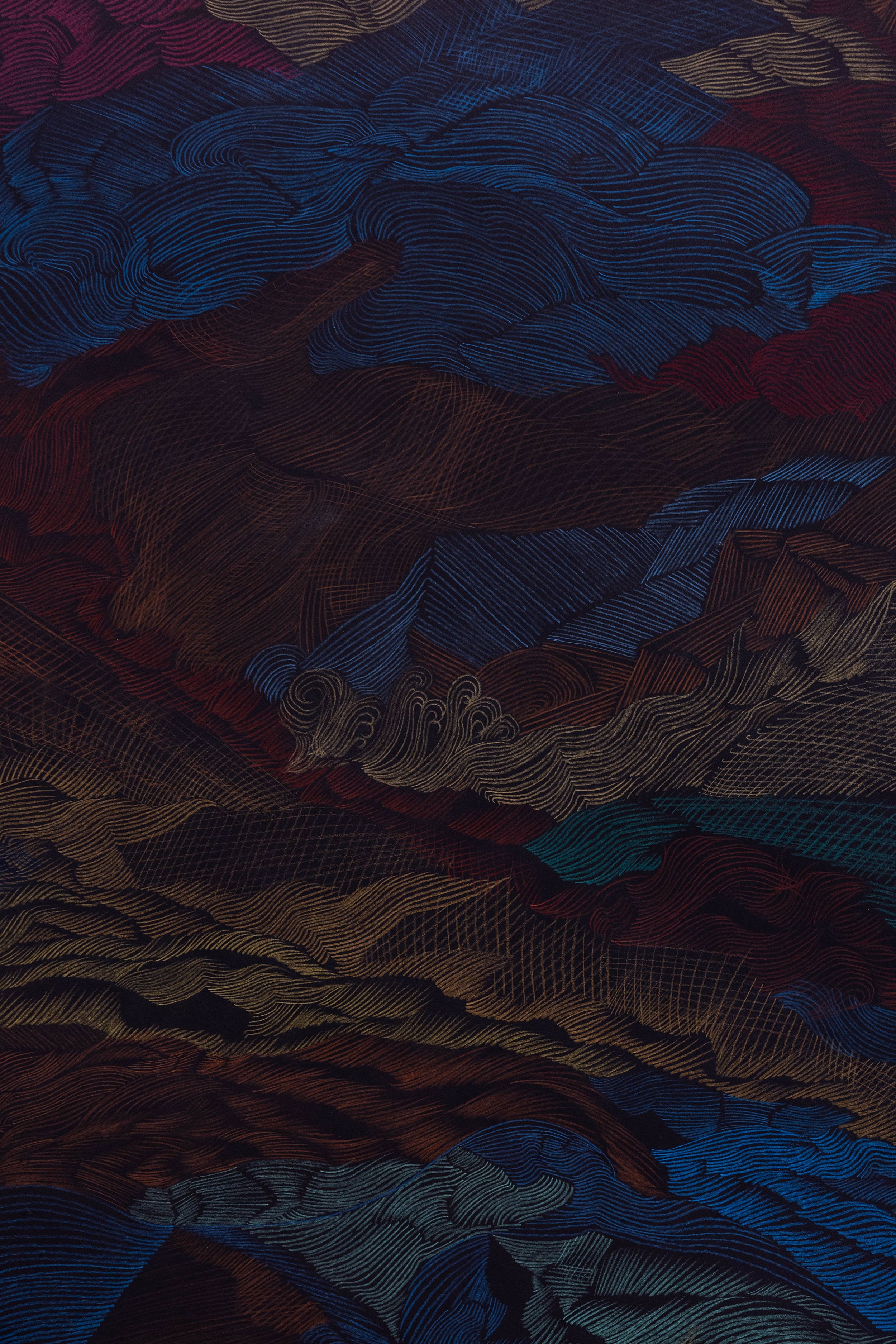 Detailed artwork showing layered wave patterns in deep blue, red, and earth tones.