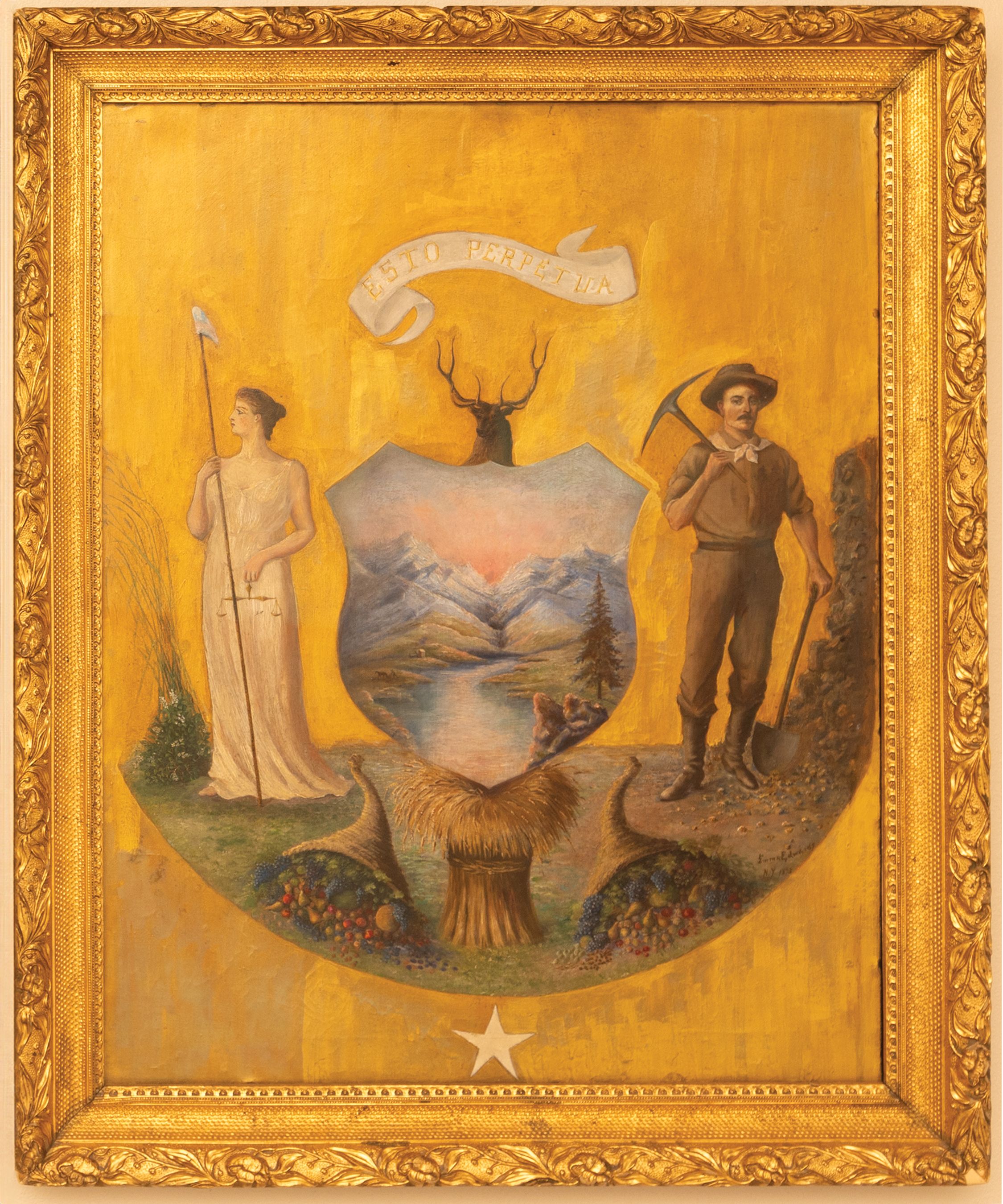 Ornate gold-framed painting depicting a state coat of arms with figures, elk, and mountain landscape.