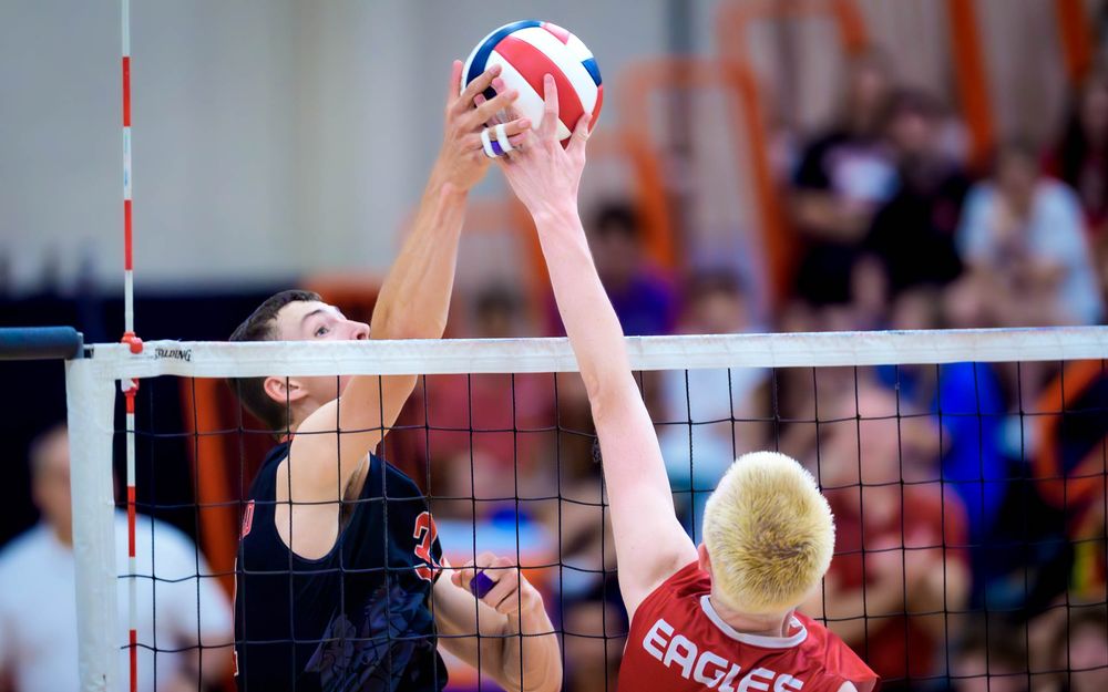 Hempfield and Cumberland Valley battle at the net, PIAA boys volleyball semifinals by Deanna Fox, SportsFox Photography based in Hershey PA.