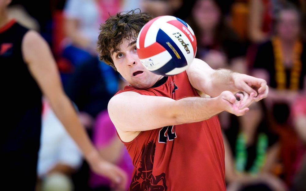 Hempfield bumps a pass vs Cumberland Valley, PIAA boys volleyball semifinals by Deanna Fox, SportsFox Photography based in Hershey PA.