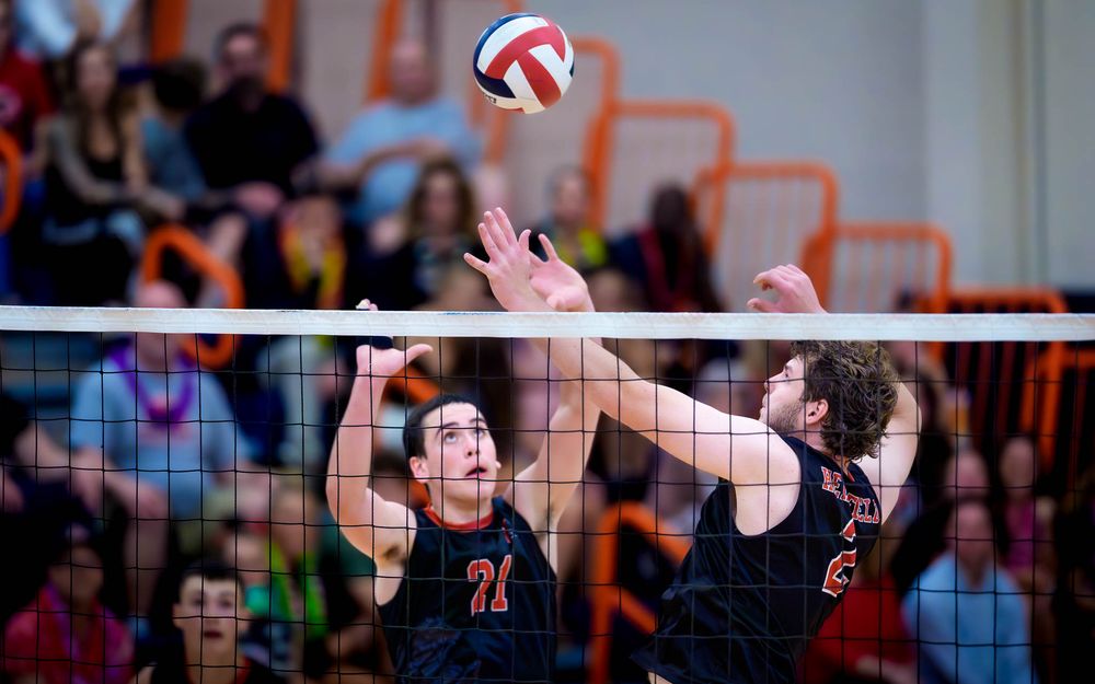Hempfield blockers rise vs Cumberland Valley, PIAA boys volleyball semifinals by Deanna Fox, SportsFox Photography based in Hershey PA.