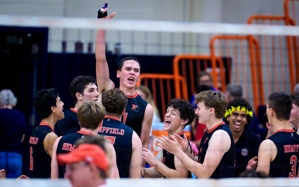 Hempfield boys volleyball team celebrates vs Cumberland Valley, PIAA semifinals by Deanna Fox, SportsFox Photography based in Hershey PA.