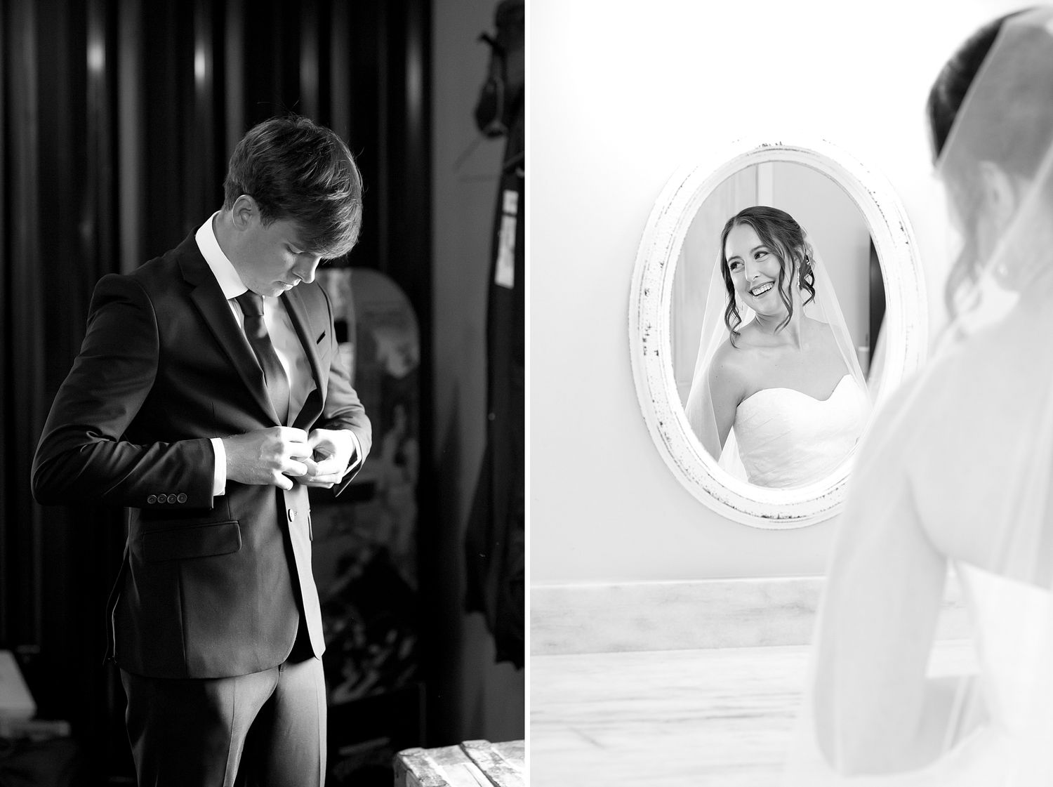 Black and white wedding photo of groom adjusting cufflinks and bride admiring herself in an oval mirror.