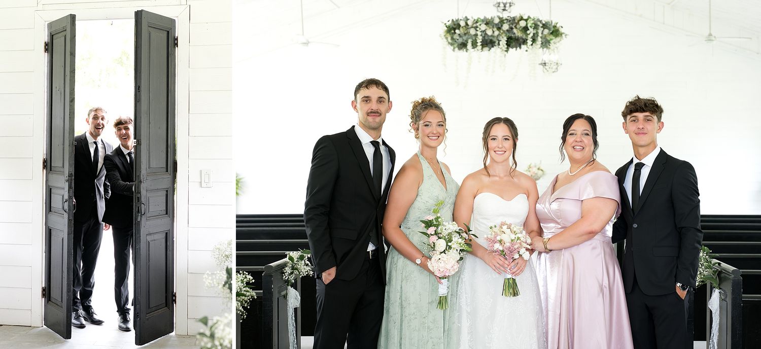 Wedding party poses in a white chapel, bride in white gown with bridesmaids in sage green dresses and groomsmen in black suits.