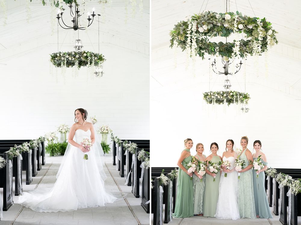 Bride in white gown stands in floral-decorated chapel aisle with bridesmaids in sage green dresses.