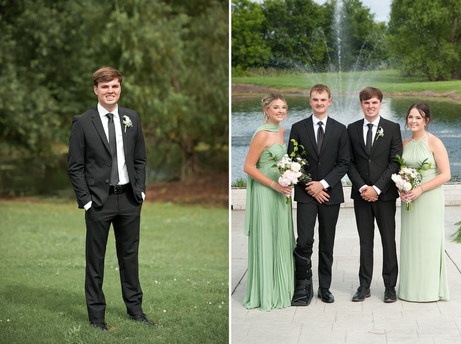 Groomsman in black suit stands outdoors, with bridesmaids in mint green gowns and groomsmen near a fountain backdrop.