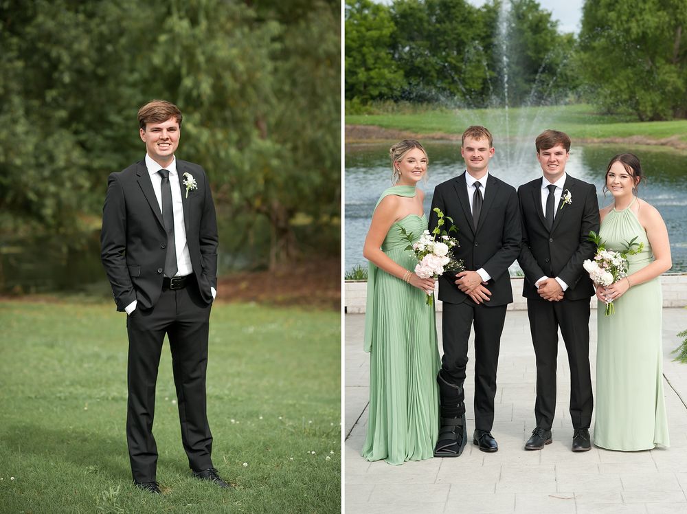 Groomsman in black suit stands outdoors, with bridesmaids in mint green gowns and groomsmen near a fountain backdrop.