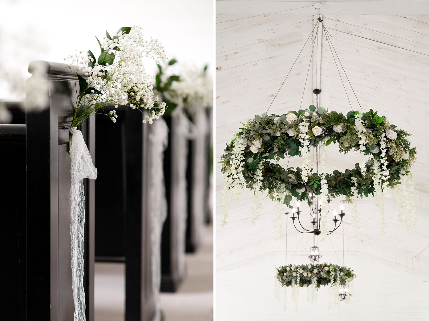 Elegant wedding ceremony decor featuring white floral pew arrangements and a lush greenery chandelier.