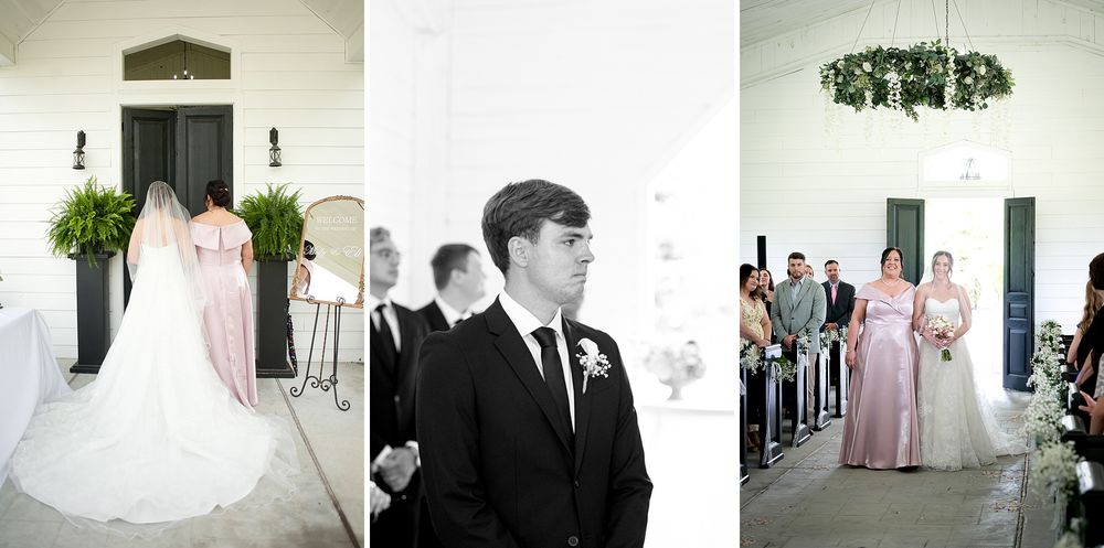 Bride walking down the aisle in a stunning white ball gown during an elegant church wedding ceremony.