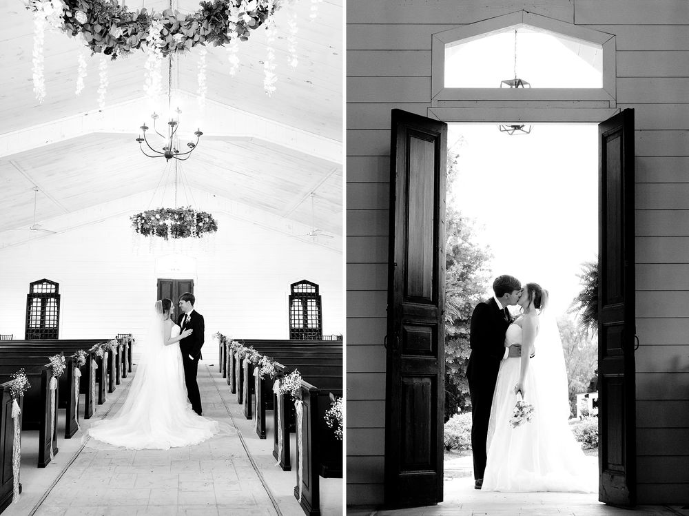 Black and white wedding photos of couple kissing in chapel aisle and standing in open church doorway.