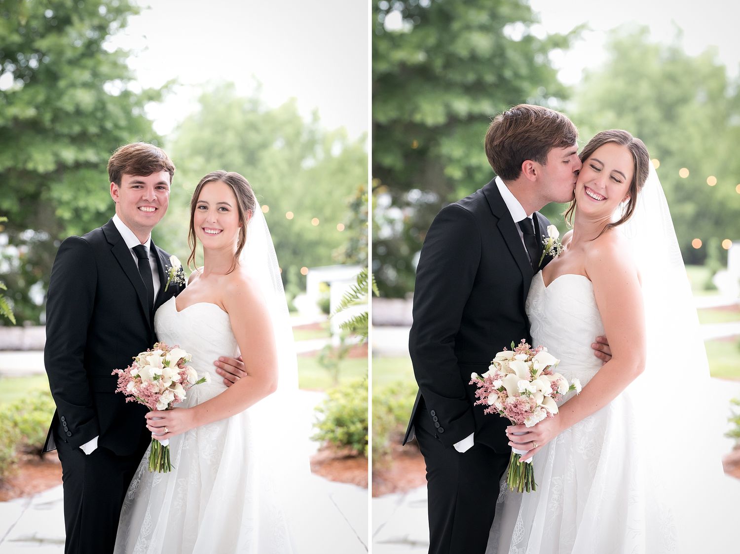 Bride and groom pose together outdoors, smiling, as groom kisses bride on cheek while she holds a bouquet.