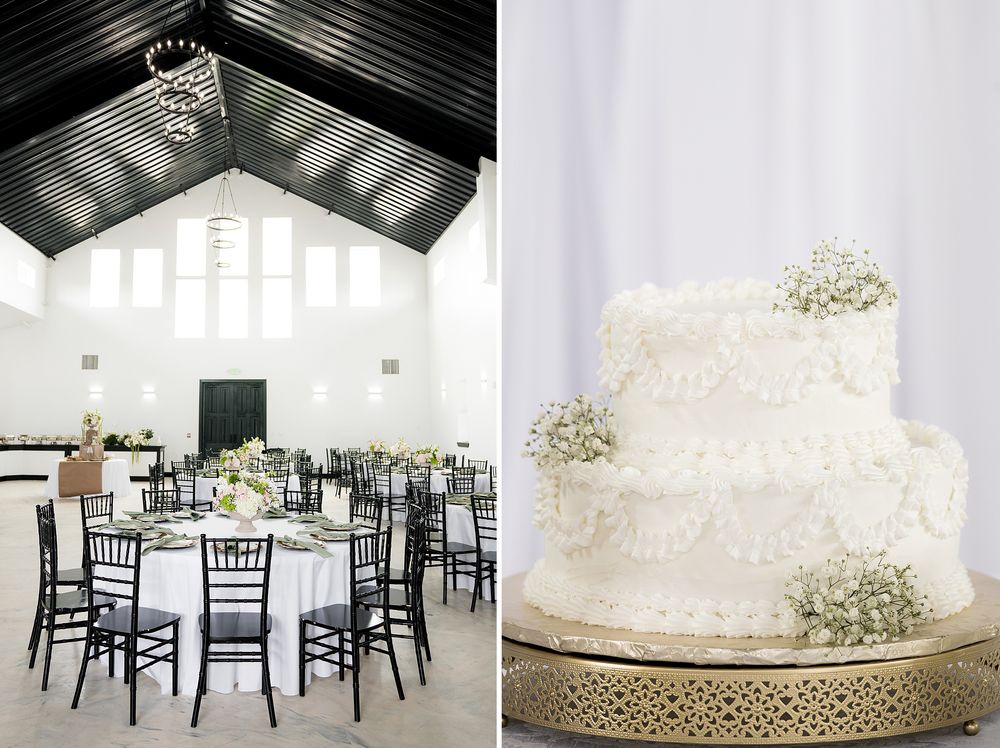Elegant white wedding venue with black chairs and a three-tier white floral wedding cake with baby's breath.