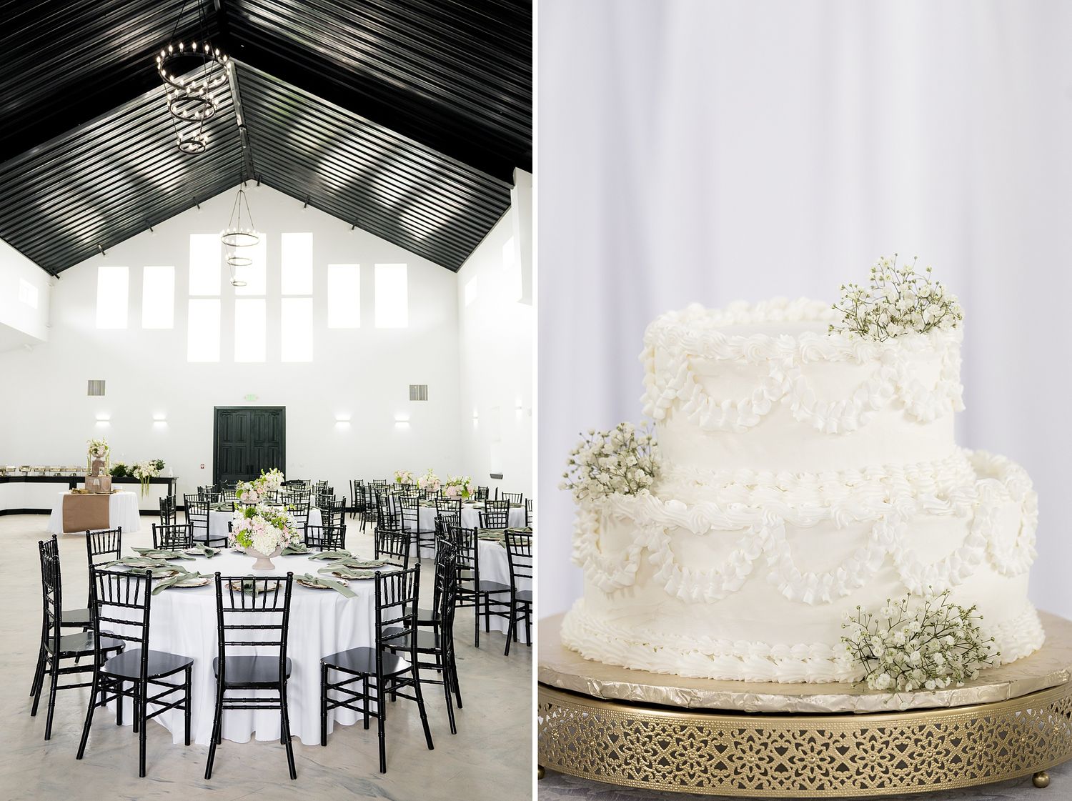 Elegant white wedding venue with black chairs and a three-tier white floral wedding cake with baby's breath.