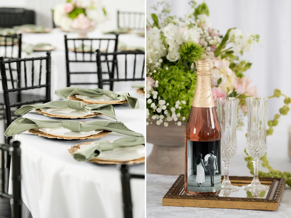 Elegant wedding table with sage leaf napkins on gold plates beside rosé champagne on a mirrored tray with crystal flutes.