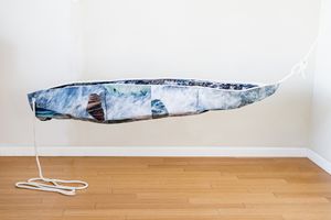 A large fish-shaped textile sculpture suspended from a wall with white rope coiled on wooden floor.