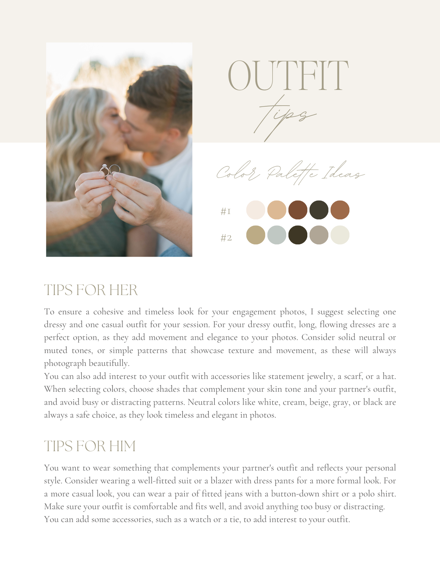 Elegant engagement photo outfit tips guide featuring color palette ideas and styling advice for couples on a neutral background.