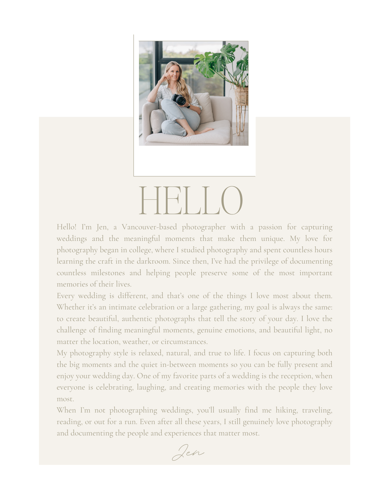 Vancouver wedding photographer Jen smiles in a cozy white chair, surrounded by greenery, on her professional photography website.