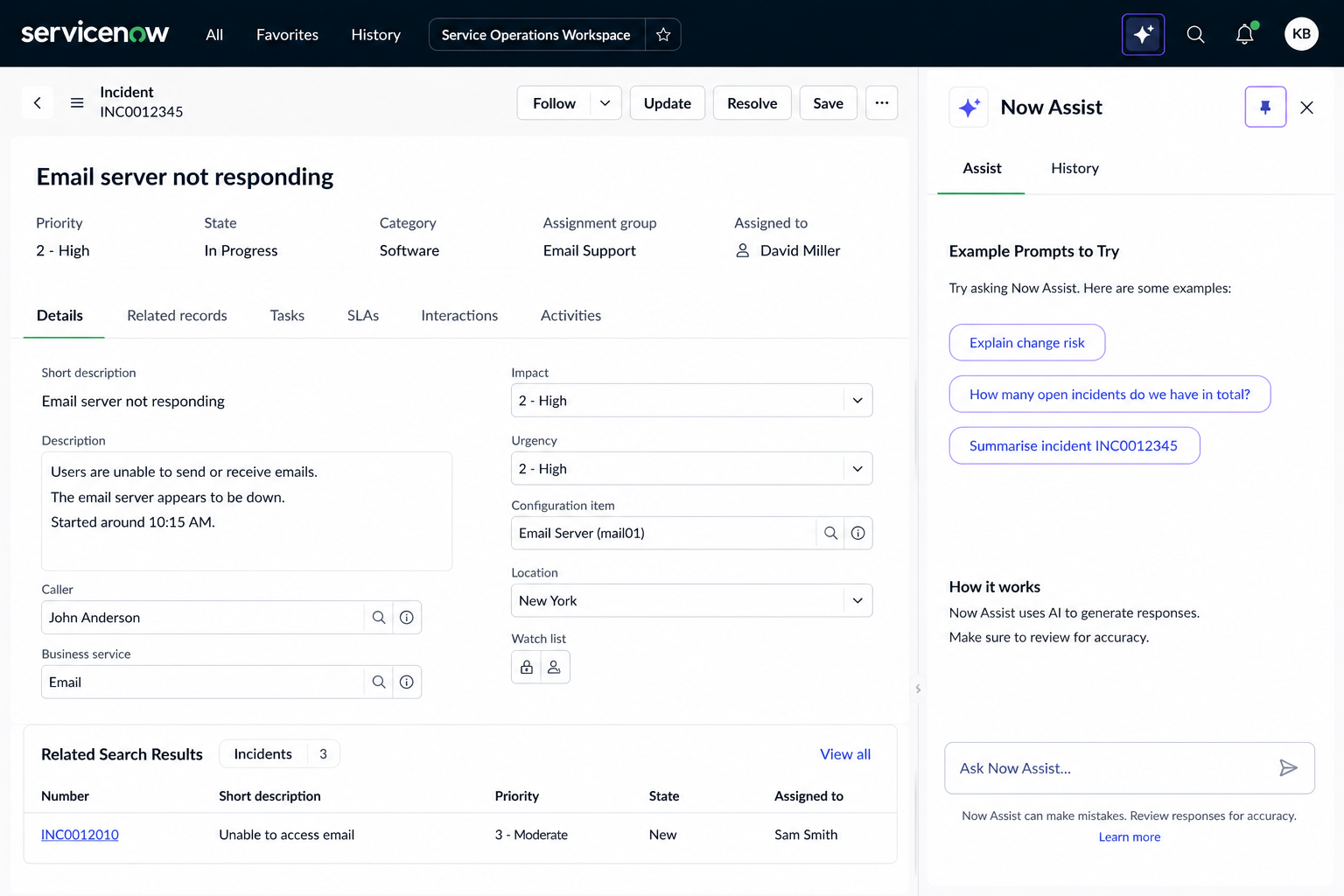 ServiceNow incident management dashboard showing an email server not responding ticket with AI-powered Now Assist panel open.