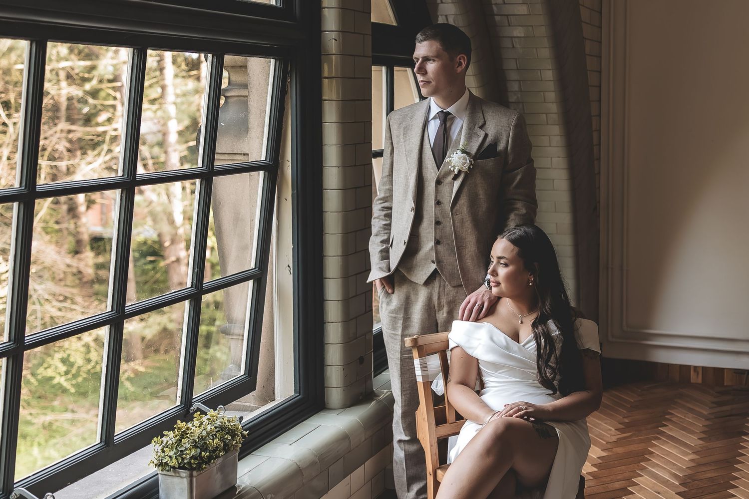 A rare relaxed quiet moment for a wedding couple.