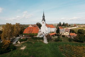 Aerial view of a white church with a tall spire surrounded by vineyards and orange-roofed buildings in a rural village.