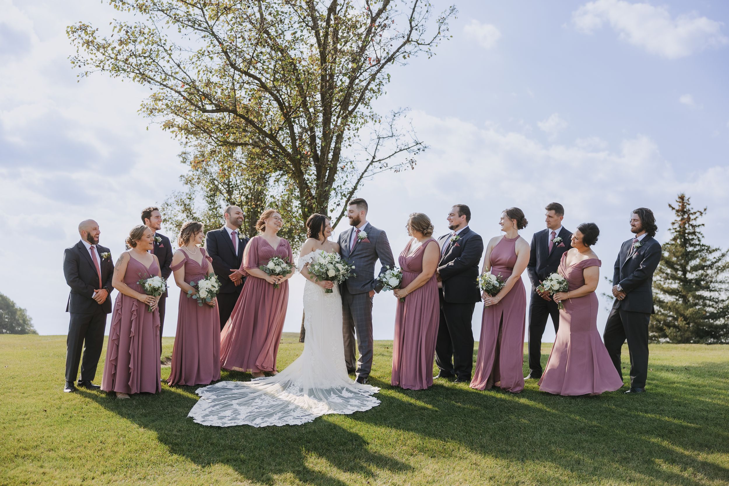 Bride and groom pose with their wedding party on a hill, taken by Rachel Martinez Photography, Michigan fine art wedding photographer