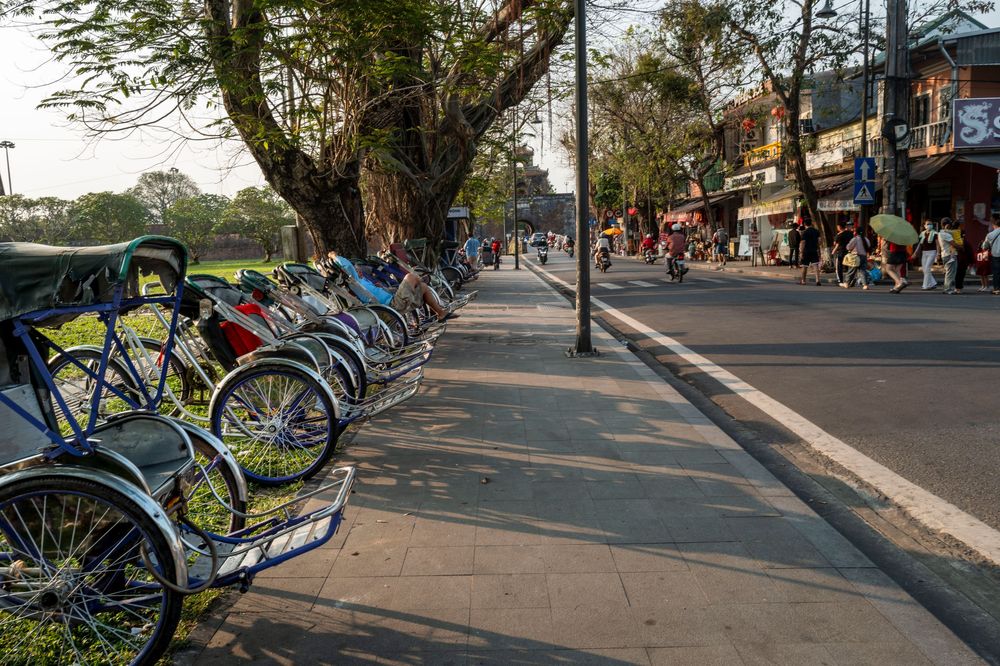 Row of colorful rickshaw bicycles parked along a tree-lined street in a busy Asian city at golden hour.