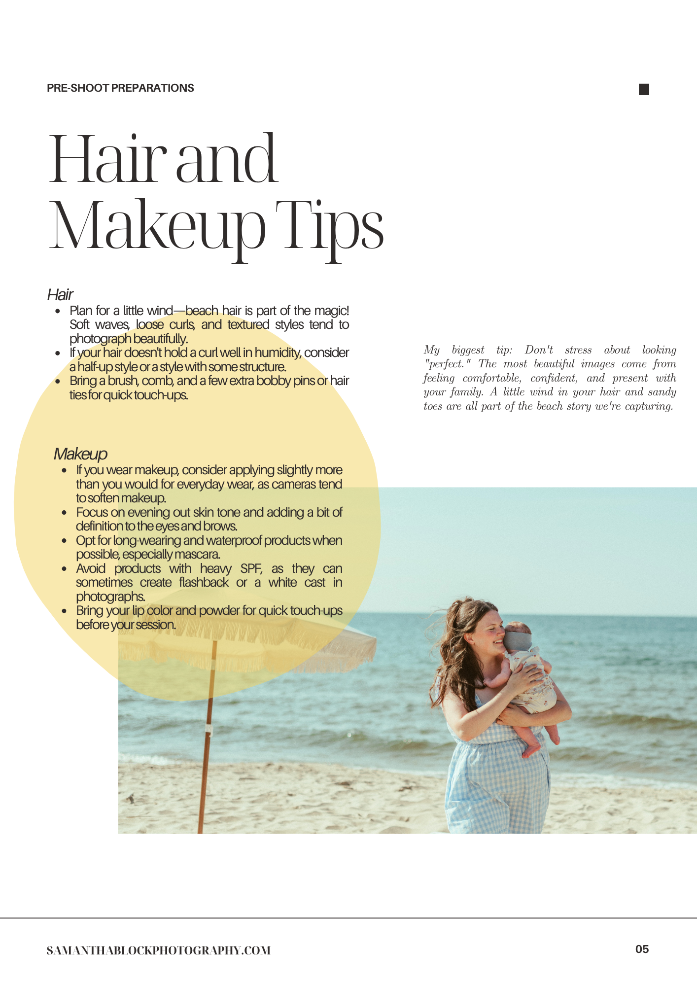 A mother holds her young child on a sunny beach, both smiling, featured in a hair and makeup tips photography guide.