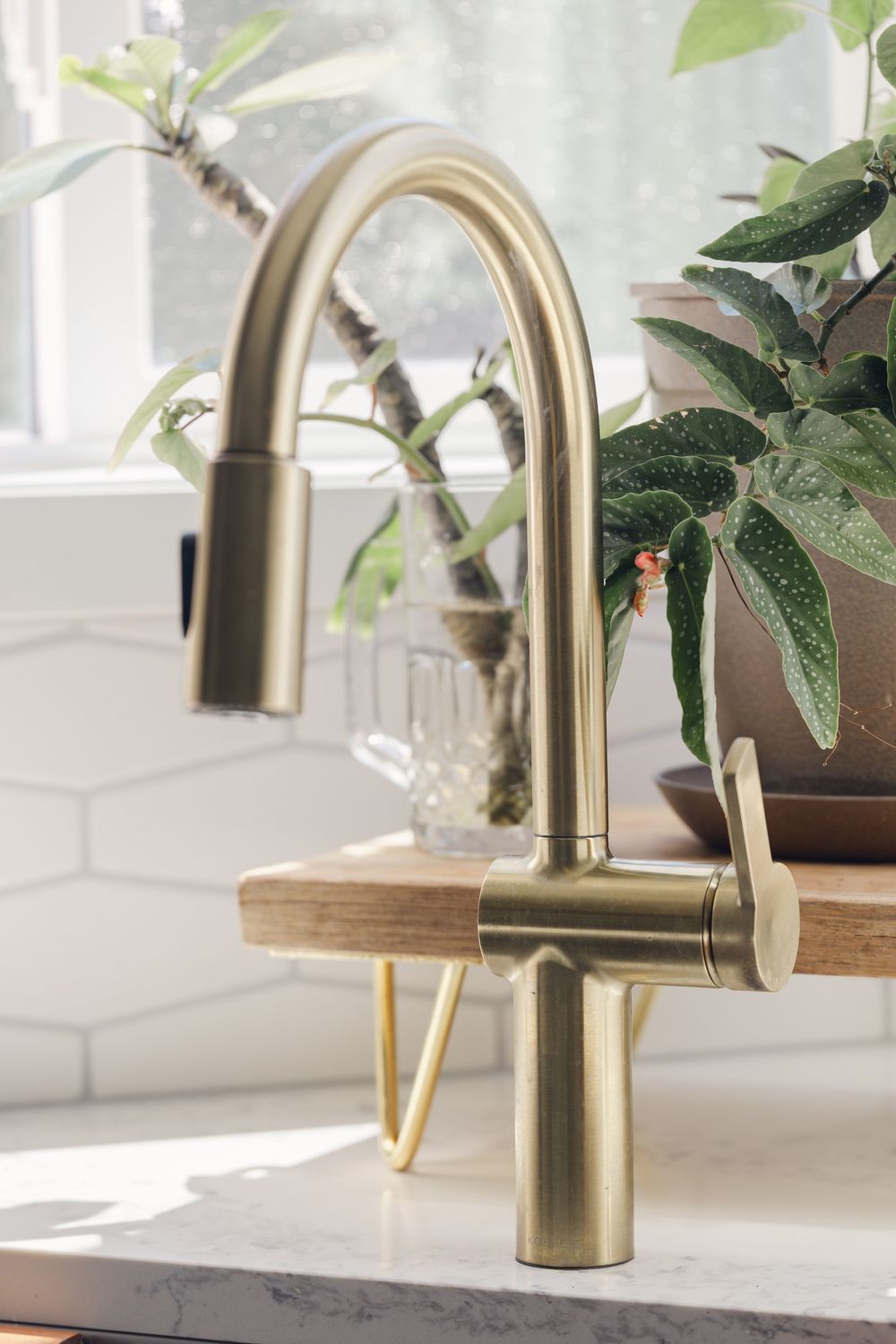Elegant brushed gold pull-down kitchen faucet on a marble countertop surrounded by lush green houseplants near a sunny window.