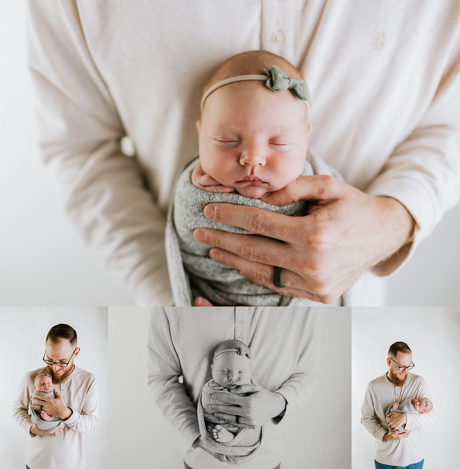 Newborn baby swaddled in gray wrap held by father in white sweater, with black and white detail photos of dad and infant.