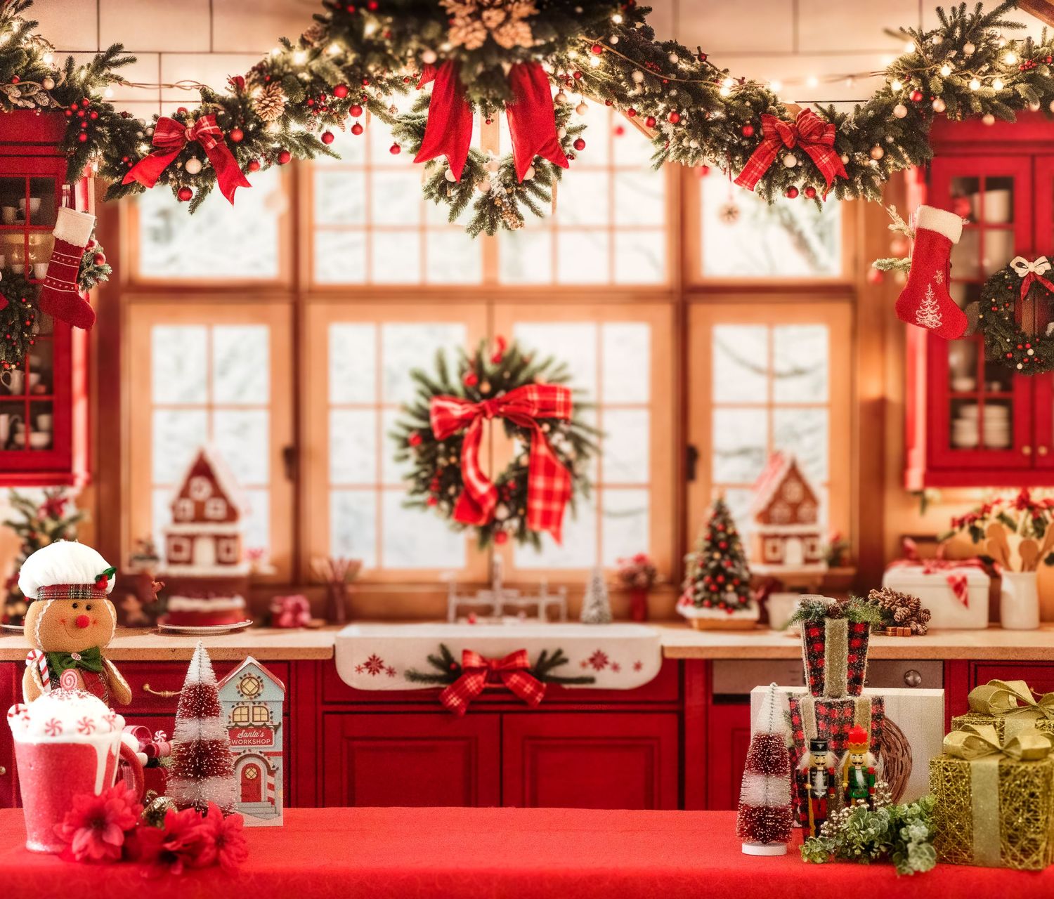 Cozy Christmas interior with wreaths, garland, and red decorations in warm lighting.