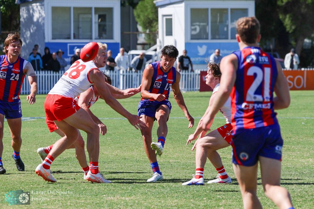 AFL players in red and blue uniforms compete during an outdoor match, with one player kicking the ball on a sunny day.