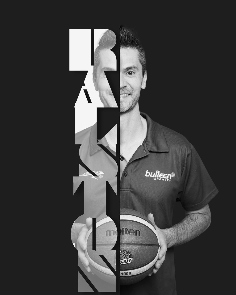 Black and white photo of a smiling man holding a Molten basketball, wearing a Bulleen Boomers polo shirt.