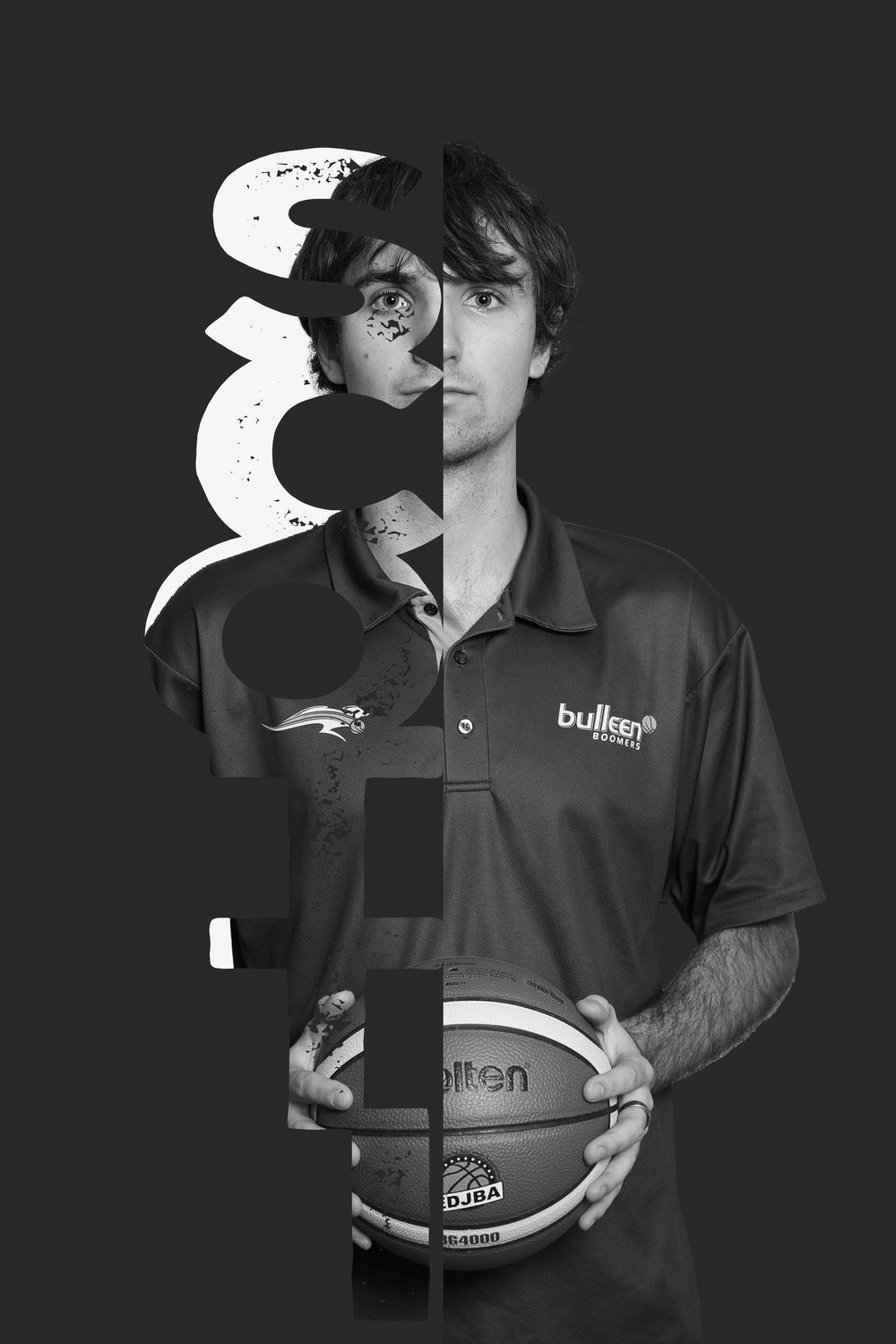 Black and white photo of a man holding a Molten basketball, wearing a Bullen Sports polo shirt.