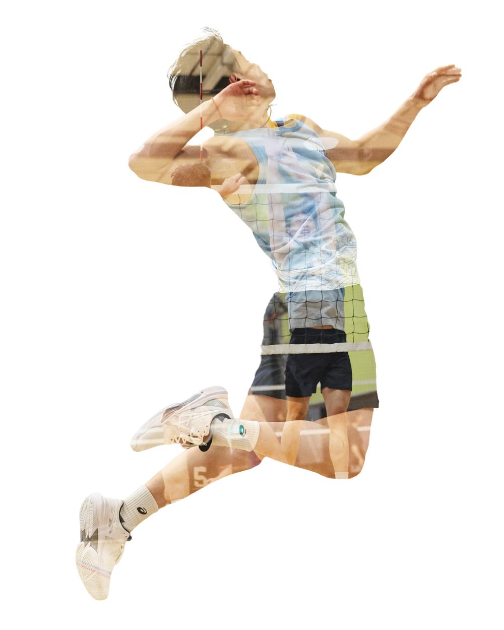 Double exposure of a volleyball player jumping mid-air to spike, blended with a court background image.