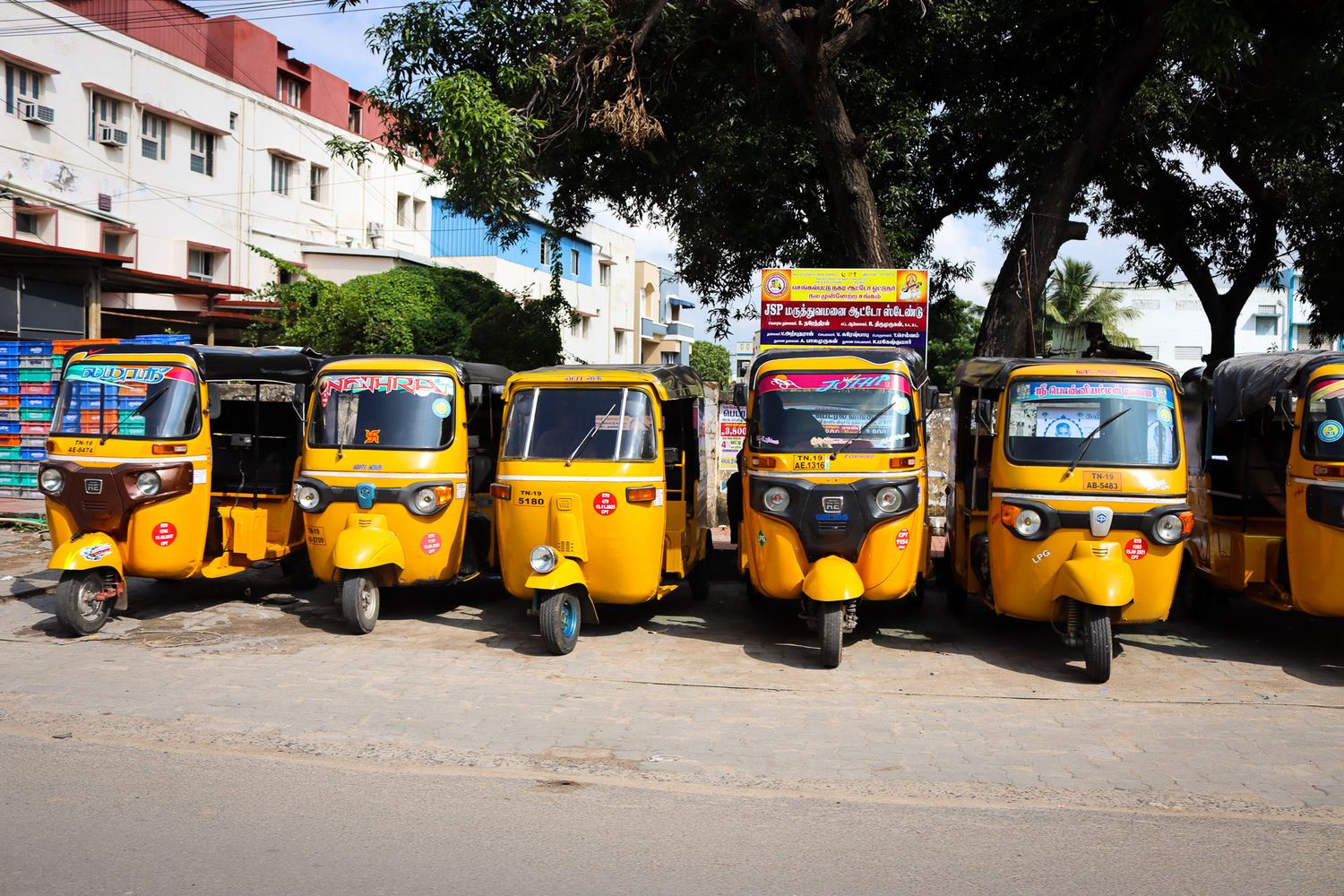 Row of parked yellow auto rickshaws beneath trees on a residential Indian street. Green park, Delhi