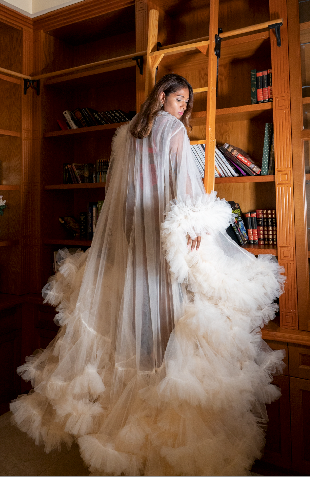 Woman in luxerious gown in a library