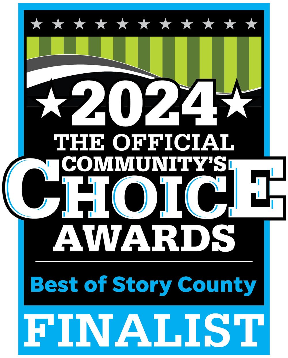 A blue and green logo badge for the 2024 Official Community's Choice Awards showing 'Finalist' status for Best of Story County.