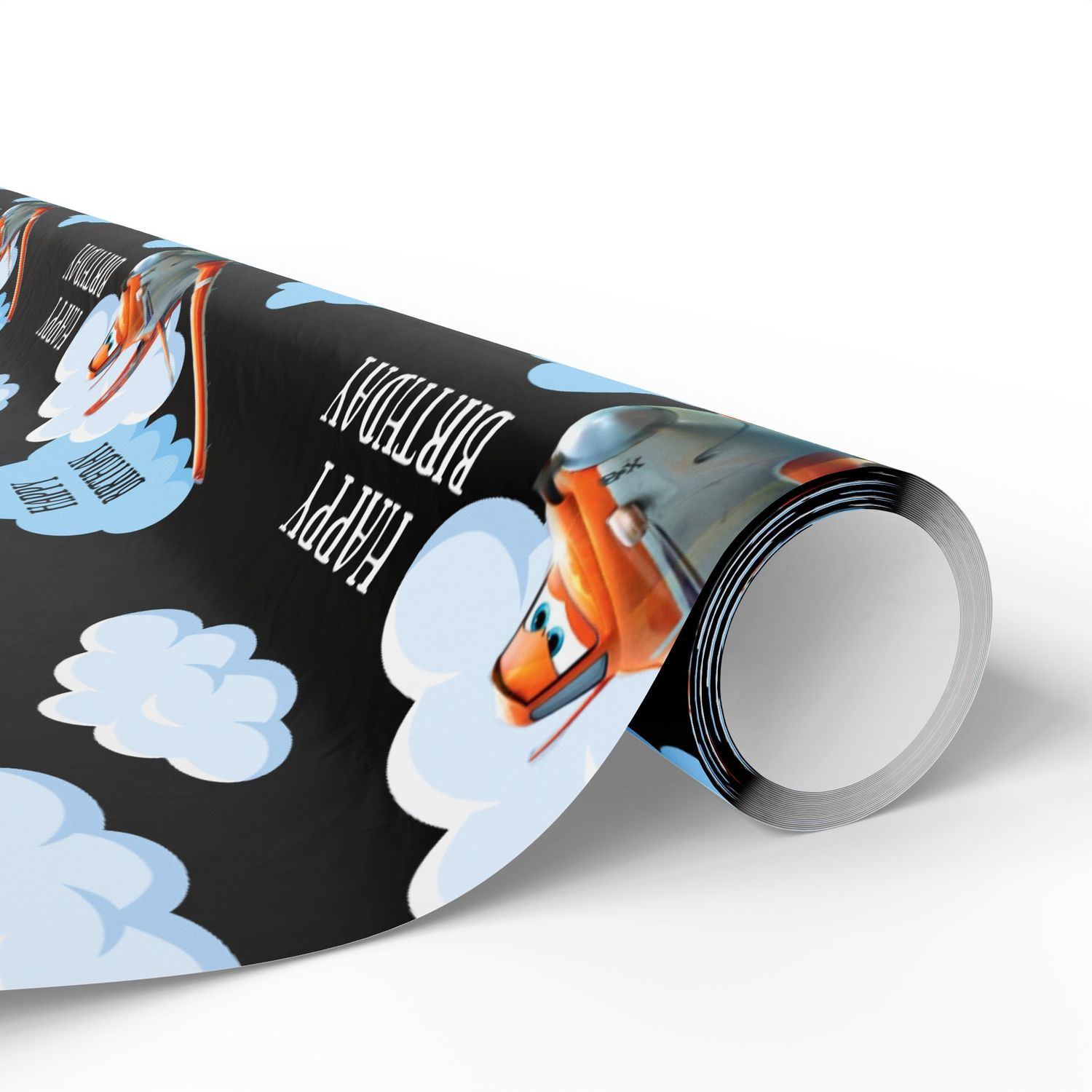 Black wrapping paper roll with light blue cloud and orange airplane pattern design.
