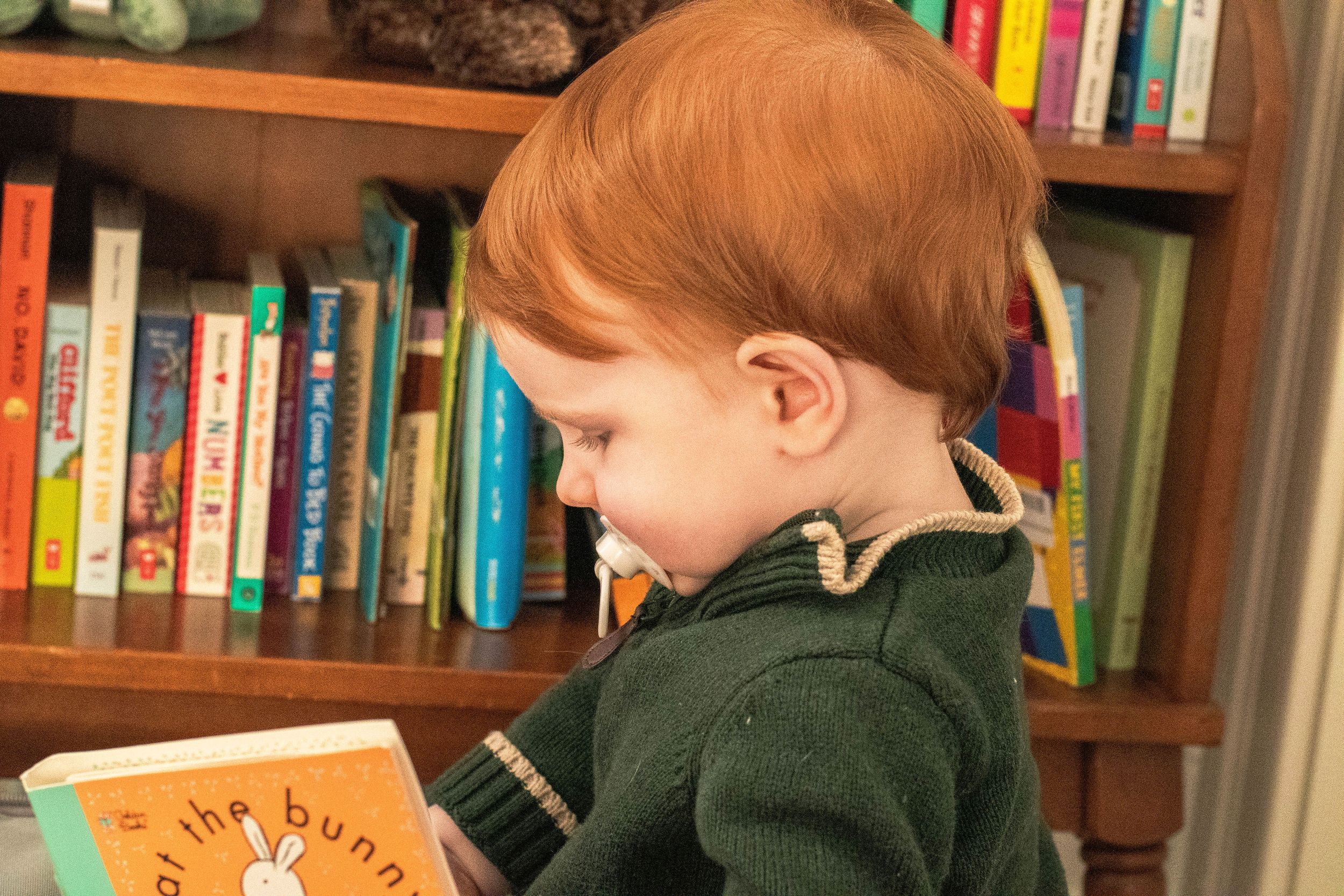 A young reader in a green sweater engages with a book in front of a colorful bookshelf.
