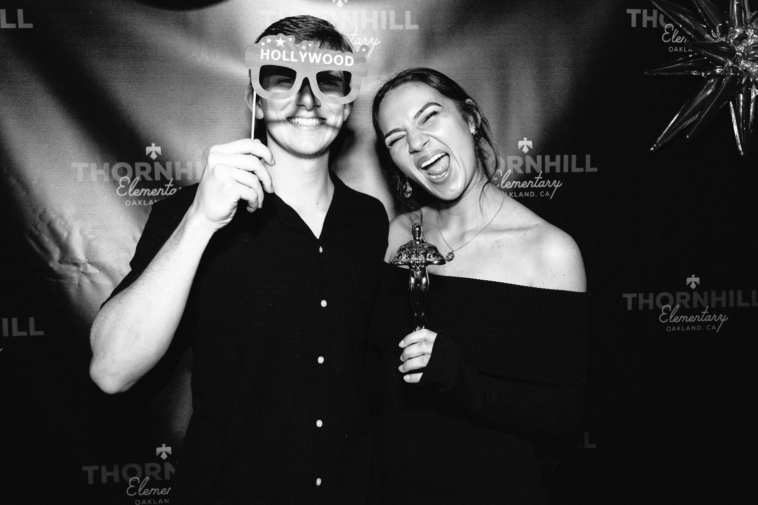 Black and white candid shots of people laughing and socializing at a party venue.