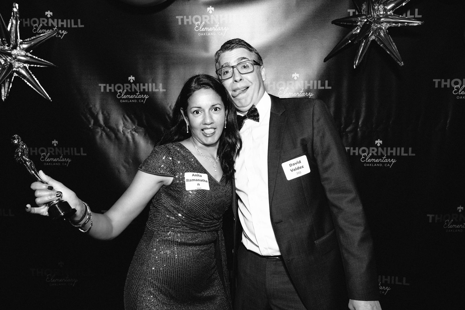 Black and white photo series showing guests dancing and celebrating at an elegant formal event.